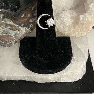 Moissanite Sterling Silver Crescent Moon and Star Open Adjustable Ring
